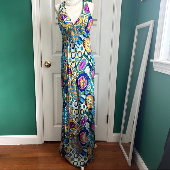 Trina Turk Silk Halter Maxi Dress, Multicolor Aztec Print Size 4